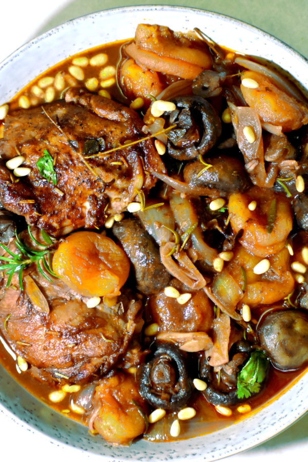 a big bowlful of mediterranean braised chicken with apricots