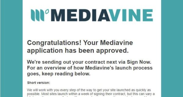 Mediavine acceptance letter.