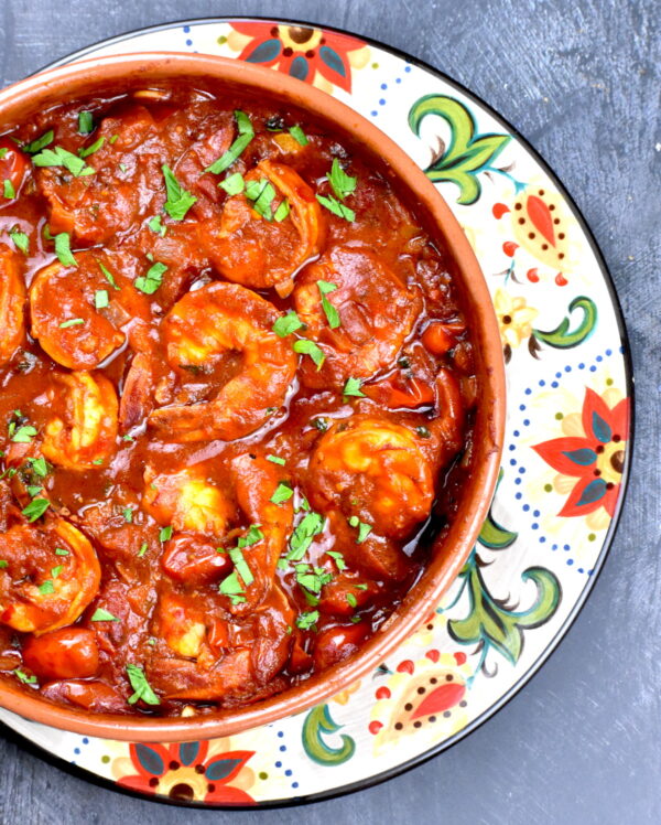 Serving of harissa shrimp atop the Gypsy Plate.