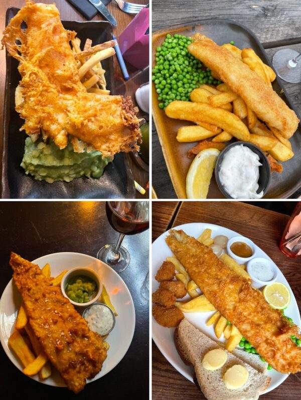 What to Eat in England - collage of four fish and chips platters